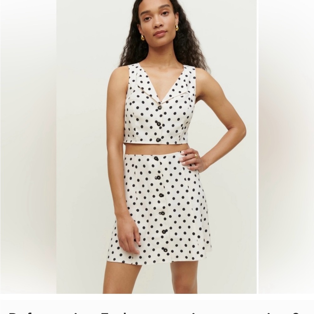 Reformation Ember A-Line Mini Skirt and top Set.  Color portifino w polka dots
